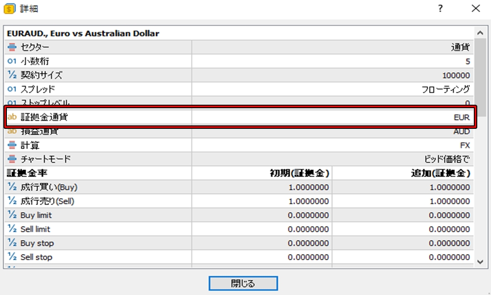 証拠金通貨の記載