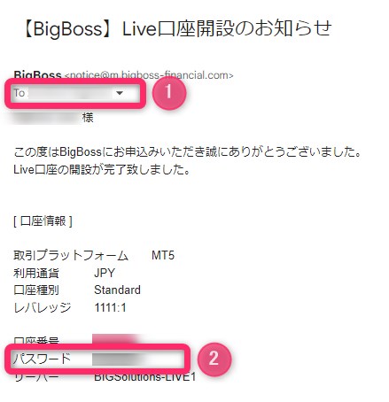 BigBossからメールに届けられるアカウント情報