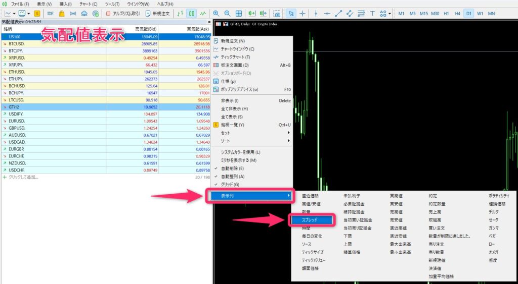 MT5の気配値にスプレッドを表示