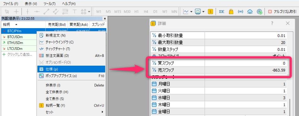 ExnessのMT4/MT5から仮想通貨CFDのスワップポイントを確認