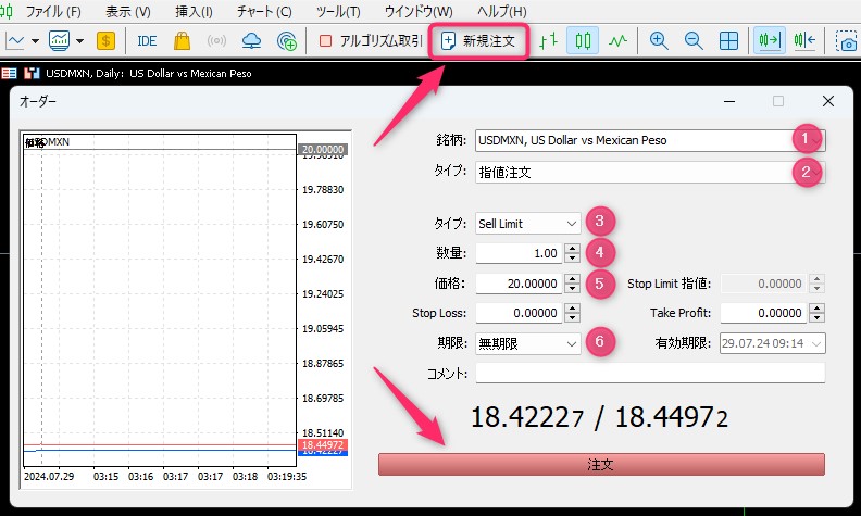 XMでドルメキシコペソ（USDMXN）を売り指値注文