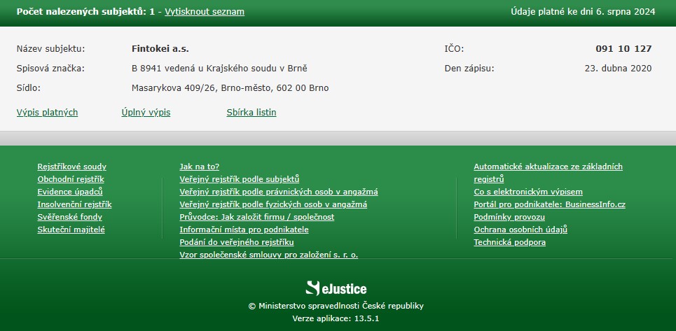 Fintokeiのチェコでの法人登記
